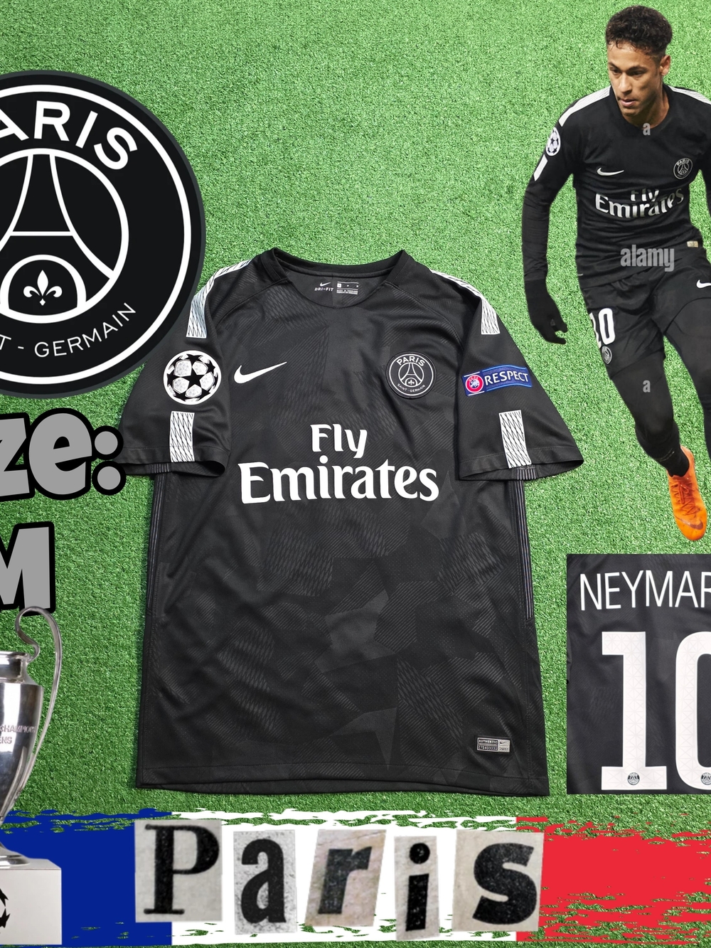 Paris Saint-Germain Nike Neymar Jr #10 2017/2018 Third Black Jersey UCL Patches